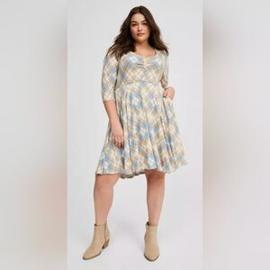 Torrid Super Soft Plush Blue Tan Plaid Skater Midi Dress Pockets 3X 22 24
